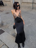 Yipinpay Female Mesh Lace Halter Dresses Patchwork Backless Slim Sexy Fashion V-Neck Spaghetti Maxi Dress Women Printed Long Dress