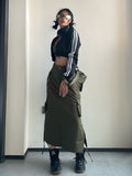 Yipinpay Long Cargo Skirt Women Y2k Streetwear Vintage Pocket High Waist Side Split Shirring Casual Straight Midi Skirt Korean