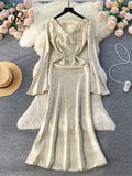 Yipinpay Senior Court Party Fishtail Dress Fashion V Neck Lace up Slim Chic Women Elegant Flare Sleeves France Retro Sexy Dress
