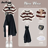 Yipinpay Women's Summer Fashion Stripe Short Sleeve Top+Strap Skirt Two Piece Korean Elegant Blouse Dress Suit 2024 New Matching Set