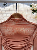Yipinpay Autumn Mesh Basic Top 2024 Women Turtleneck Long Sleeve Ruched Open Crotch Slim Playsuits Fashion Sheer Sexy Bodysuits