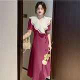 Yipinpay V Neck Large Lapel Ruffle Slim High Waist Short Sleeve Dress Women Vestidos A Line One Piece Lace Up Summer Dress