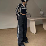 Yipinpay Grunge Y2k Slim T Shirt Women Acubi Fashion Side Stripe Kpop V-Neck Long Sleeve Crop Top Vintage Korean Streetwear