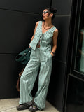 Yipinpay Stripe Print Long Pants Sets For Women 2024 Summer Chic Lace Up Vest Wide Leg Pants 2 Pieces Sets Lady Beach Street Suit