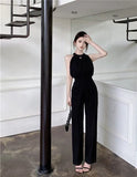 Yipinpay Lady Elegant Hanging Neck Off Shoulder Round Neck Jumpsuit Women's Sleeveless High Waist Slim Fit Wide Leg Jumpsuit Pants