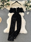 Yipinpay Autumn Elegant Sexy Black Jumpsuits 2024 Europen Fashion Off the Shoulder Feather Patchwork Sequins Slim Long Playsuit