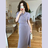 Yipinpay Suits Double-breasted Black Blazer Feminino Summer 2set Sets Slim Pencil Purple Fishtail Dress Crop Jacket Suits Tops
