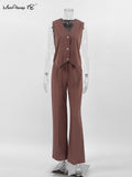 Yipinpay Office 2 Pieces Sets Elegant Cotton Linen V-Neck Sleeveless Button Vest Outfit Summer High Waist Wide Leg Pants Sets