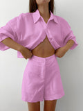 Yipinpay White Cotton Linen Shorts Sets 2-Piece Street Outfits Short Sleeve Shirt And Wide Leg Shorts Summer 2023 Ladies Suit