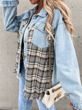 Yipinpay Oversized Plaid Patchwork Denim Jackets Women Casual Ripped Long Sleeve Lapel Neck Buttons Outerwear Spring Fall Coats