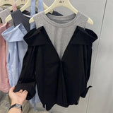 Yipinpay Shirts for Women Blusas Mujer Fake Two Shirt Loose Long Sleeve Off Shoulder Top Femininas Elegantes Spring T-shirts Pink