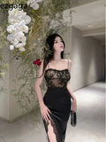 Yipinpay Sexy Dresses Women Lace Patchwork Floral Vintage Elegant Split Sleeveless Slim Black Party Dress Ladies Temperament