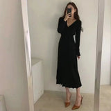 Yipinpay Piece V Neck Slim Bandage Waist High Black Pleated Dress Women Long Wild Sexy Knit Dress Casual Sweater Autumn Solid Retro