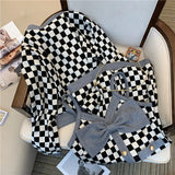 Yipinpay Black White Checkerboard Coat Short Cardigan Casual 2Piece Sets Retro Bow Spaghetti Strap Plaid Dress Bodycon Outfits