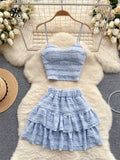 Yipinpay Sweet Ruched Two Pieces Sets V Neck Strap Crop Tops+Short Pleated Skirt Women Korean Style Chic Summer Beachwear Suits