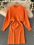 Yipinpay Autumn Knitted Dress Suits Women O Neck Long Sleeves Short Pullover+Strap Elastic Dress Korean Sweater Two Pieces Sets