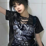 Yipinpay Subcultural Retro Lace up V-Neck Loose Print T-shirt Y2K Top Summer Short Sleeve Tshirts Women Harajuku Clothing Female
