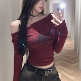 Yipinpay Print Grunge T Shirt Women Long Sleeve Off Shoulder Y2k Vintage Tops Streetwear Korean Style Crop Top Autumn Winter