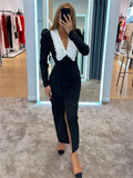 Yipinpay Elegant Fashion Autumn Maxi Dress Female Patchwork V-Neck Contrast Slim High Split Party Dress Gown Sexy Ladies Dress 2024
