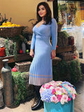 Yipinpay Women Ribbed V-neck Fold Knitted Max Dress Ladies Skinny Sexy A-line Dresses Two Color Patchwork Elegant Chic Vestidos