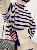 Yipinpay Winter Women¡¯s Long Sleeves Knit Sweater Turtleneck Striped Print Loose Pullover Tops 2024 New Autumn Oversized Sweater