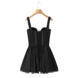 Yipinpay Sexy Women French Style Spliced Lace Sling Dress Vintage Cross Bandage Back Low Waist Swing Ladies A-line Party Mini Robe
