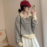 Yipinpay Sweater Female 2024 Korean Women Autumn Academy Sweater Loose and Slim Versatile Striped Top Long Sleeve Knit Sweater