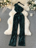 Yipinpay American Retro Sequin Jumpsuit Diagonal Collar Solid Long Wide Legs Pants Romper Elegant Backless Sexy Party Jumpsuits