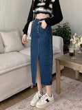 Yipinpay A-line High Waist Long Vintage Versatile Split Denim Skirt Woman