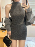 Yipinpay Autumn Elegant Knitted Suit Woman Korean Fashion 2 Piece Set Sexy Sleeveless Slim Mini Dress + Casual Short Cardigan Chic