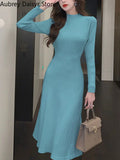 Yipinpay Fashion Midi Knitted Dress Women Elegant Chic Half High Collar Sweater Dress Autumn Warm Casual Slim Y2k Party Dress 2023