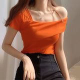 Yipinpay Slash Neck Tee Black Irregular Short Sleeved T Shirt Oversize Tops Solid Wild Sexy Clothes Women T Shirt White Blouse