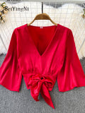 Yipinpay Summer Satin Crop Top Female Bow Elegant Lace-up Shirts Solid Color Flare Sleeve Blusas Women White Loose CHIC Blouses