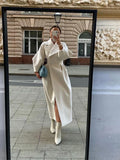 Yipinpay Spring Solid Lapel Long Coat For Women Elegant V-Neck Puff Sleeve Overcoats Female High Waist Chic Ladies Pockets Outerwear