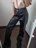 Yipinpay Vintage Brown Pu Pants Women Winter High Waist Wide Leg Pants Warm Pleated Floor-Length Office Ladies Solid Trousers
