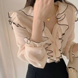 Yipinpay Mujer 2023 Ruffle V Neck Flare Sleeve Shirts Korean Sweet Clothes Chic Top Slim Chiffon Shirts Camisa Women Blouse
