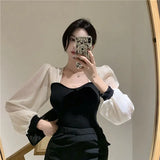 Yipinpay Slim Blusas Mujer French Square Long Sleeve Short Shirt Thin Womens Tops Chiffon Blouse Wild Elegant Knitwear Black Shirts