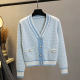 Yipinpay Short Cardigan Women's Sweater Coat Autumn And Winter New Style Outer V-neck Loose Plaid Top All-match Casual