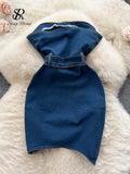 Yipinpay Strapless Sexy Denim Mini Dress Women Sleeveless Zipper Design Slim Sundress Streetwear Vintage Backless Bodycon Dress