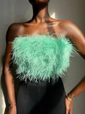 Yipinpay Fur Feather Strapless Tube Tops For Women Party Fashion Bustier Cute Top Y2k Club 2024 New Sexy Mini Fluffy Corset Top