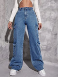Yipinpay Best Selling Y2K Style Women's Jeans Fashion Multi Pocket Loose Denim Straight Leg Pants Casual Female Cargo Jeans XS-L