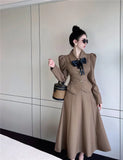 Yipinpay Piece Sets Womens Outfits Bow Woolen Coat A Line Swing Black Skirts Long Puff Sleeve Shirts Korean Clothes 2023 Fall