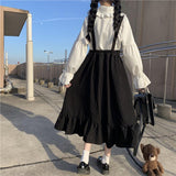 Yipinpay Gothic Lolita Long Skirt Women Harajuku Ruffle Strap Black Skirt High Waist Soft Girl Japanese Kawaii Streetwear Summer