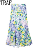Yipinpay Floral Skirt Woman Summer Midi Satin Skirt Women High Waist Long Skirts For Women Fashion 2023 Elegant Women's Skirts