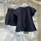 Yipinpay Pleated Flying Sleeve Shirts Women White Ruffles Top Summer Women Blouse Loose Wide Leg Black Shorts Sets 2023 New