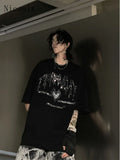 Yipinpay Kpop Hot Drill T-shirt Men Women Loose Trend Brand Heart Print Gothic Letters Bling Summer Short-sleeved Harajuku Shirt