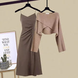 Yipinpay Autumn/Winter New Dress Matching Set Women's Chic Irregular Knit Sweater Sling Skirt Two Piece Korean Elegant Pullover Suit