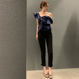 Yipinpay Shoulder Blouses Sexy Temperament Irregular Off Shoulder Shirt Women Black Blusas Mujer Summer Ruffle Crop Tops Y2k Shirts