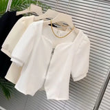 Yipinpay Mujer De Moda Square Crop Top 2023 Shirts for Women Zipper Blouse Chemise Femme Short Sleeve Casual Black White New