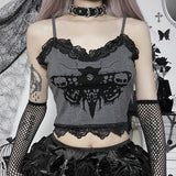 Yipinpay Emo Print Crop Top Y2k Goth Clothes Lace Trim V Neck Backless Camis Fairy Grunge Graphic Tank Tops